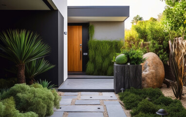 Contemporary house entrance door with a well-maintained garden and plants