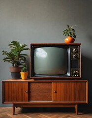 vintage 1960´s television in a living room. generative ai