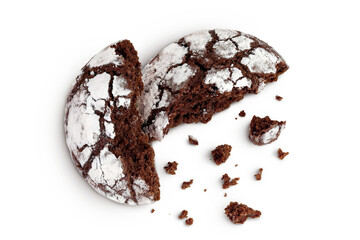 Chocolate brownie cookie isolated on white background. Top view. Flat lay