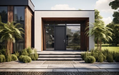 Contemporary house entrance door with a well-maintained garden and plants