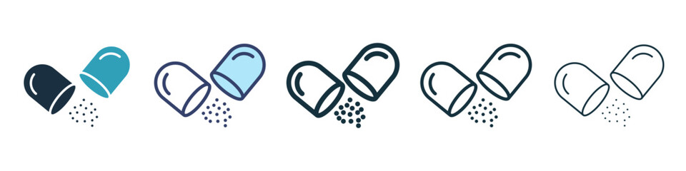 Open capsule pill sign icon set. Pharmacist drug vector symbol for ui designs. - obrazy, fototapety, plakaty
