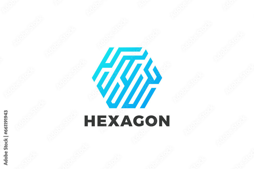 Wall mural hexagon logo technology abstract design vector. communication network geometric labyrinth fingerprin