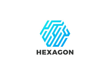 Hexagon Logo Technology Abstract Design Vector. Communication Network Geometric Labyrinth Fingerpring Logotype concept app icon.