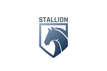 Horse Logo Equestrian on Shield Design Vector Heraldic Vintage style. Stallion Mustang Logotype concept icon.