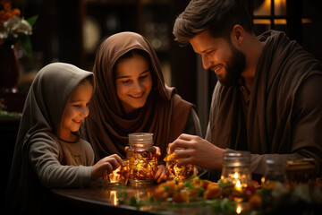 A Muslim family sharing a meal during Ramadan, emphasizing the importance of fasting and community in Islam. Concept of religious observance. Generative Ai.