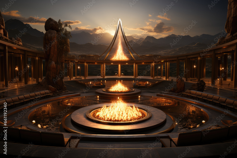 Wall mural A Zoroastrian fire temple, where the eternal flame symbolizes the core tenets of the faith. Concept of divine fire. Generative Ai.