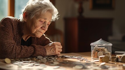 Financial problems of retirees, sad old woman worried about the future - obrazy, fototapety, plakaty