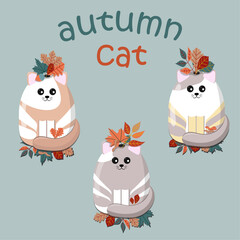 Autumn collection of cats with leaves