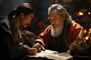 A Confucian scholar teaching the wisdom of Confucius, emphasizing ethics, filial piety, and social harmony. Concept of moral philosophy. Generative Ai.