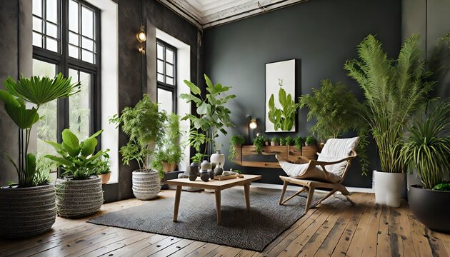 Modern Living Room Fill With Natural Light, Plants In White Pots, And Dark Colored Walls