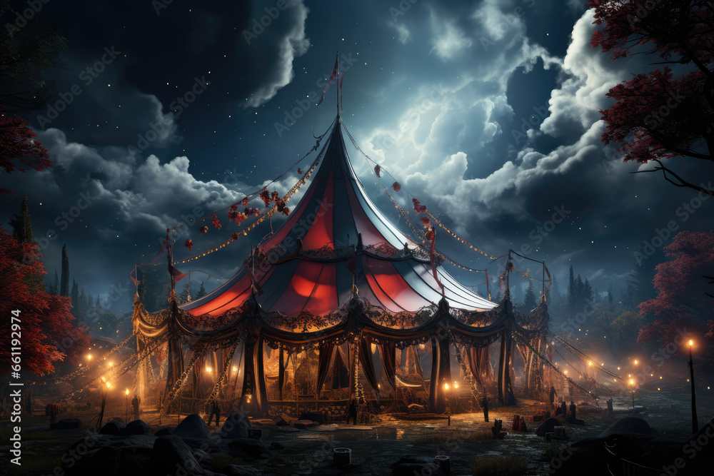 Canvas Prints a surreal circus tent with acrobats performing gravity-defying stunts under a starry sky, creating a
