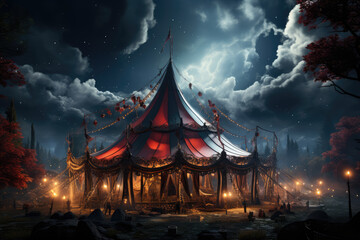 Obraz premium A surreal circus tent with acrobats performing gravity-defying stunts under a starry sky, creating a dreamlike atmosphere. Concept of whimsical entertainment. Generative Ai.