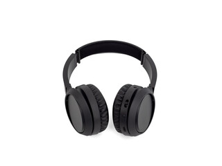 Black wireless headphones isolated on a white background. Wireless headphones close-up.