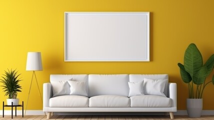 Mockup. Empty white picture frame in an elegant and minimalist yellow living room interior. Modern minimalist design, white sofa with cushions, yellow wall, green plants. With copy space.