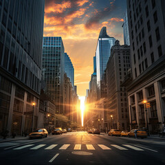 Naklejka premium Golden Hour at Wall Street – A Beautiful Sunset over the Financial District