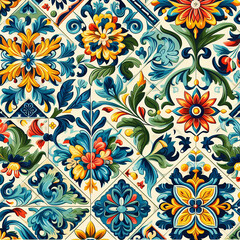 Set of patterned azulejo floor tiles. Abstract geometric background. Vector illustration, seamless mediterranean pattern. Portuguese floor tiles azulejo design. Floor cement talavera tiles collection
