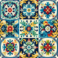Set of patterned azulejo floor tiles. Abstract geometric background. Vector illustration, seamless mediterranean pattern. Portuguese floor tiles azulejo design. Floor cement talavera tiles collection
