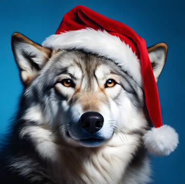 Close-up portrait of a wolf wearing Christmas hat
