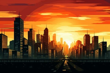 Fototapeta na wymiar Artwork: sunrise silhouette of contemporary city skyscrapers. Generative AI