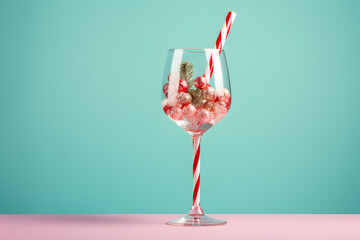 Festive and stylish New Year or Christmas party celebration. Glass of wine decorated with candy cane drinking straw, sweets and crystal ball ornaments. Isolated on a pastel teal blue background