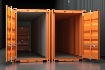 3D illustration of cargo containers for storage transportation. Illustration of two orange containers with open and closed doors. Generative AI