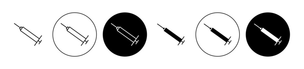 Insulin injecting icon set. Vaccine injection syringe vector symbol. Inject flu shot vector sign. Diabetes injection vector symbol in black filled and outlined style. - obrazy, fototapety, plakaty