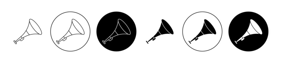 Vuvuzela trumpet icon set in black filled and outlined style.