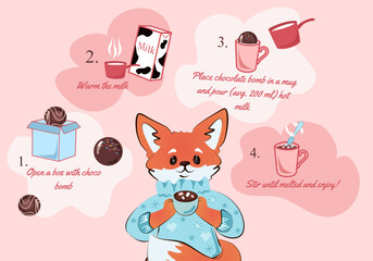 Cocoa chocolate bomb preaparetion. Chocolate bomb infographic instruction. Vector illustration