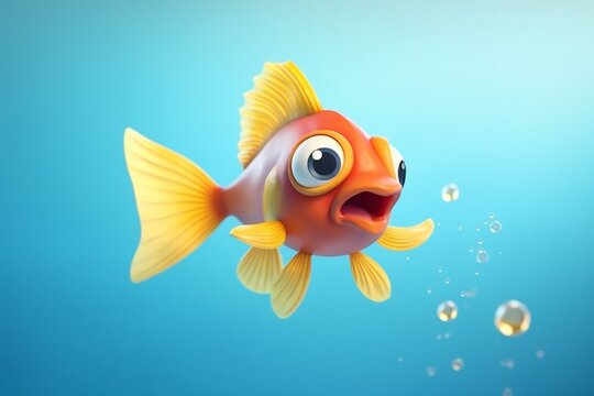3D cartoon goldfish on blue background, funny yellow fish soaring through air, swimming in aquarium. Generative AI