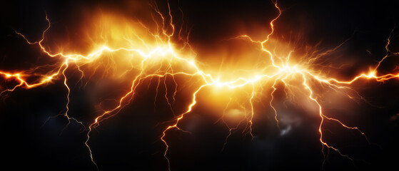 Glowing powerful electric lightning, panoramic backdrop. Generative Ai