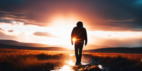 A man walks through a field towards sunset or sunrise in the hills. The spirit of discovery and freedom. Generative AI