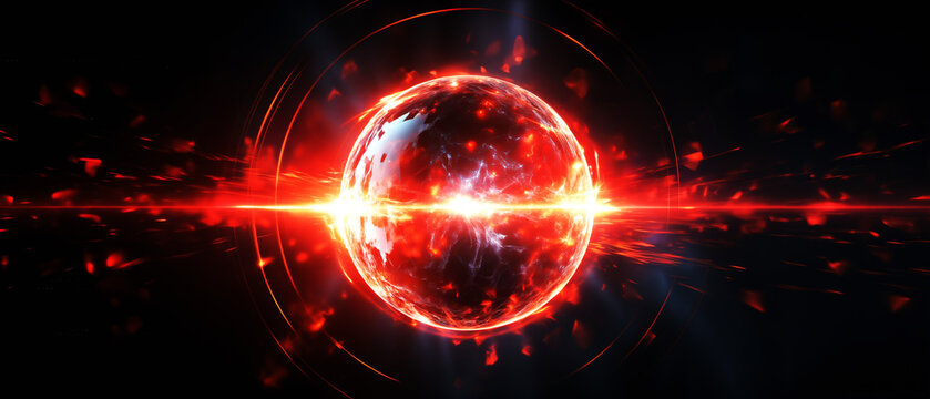 Glowing powerful plasma ball, lightning flashes, fusion energy, panoramic backdrop. Generative Ai