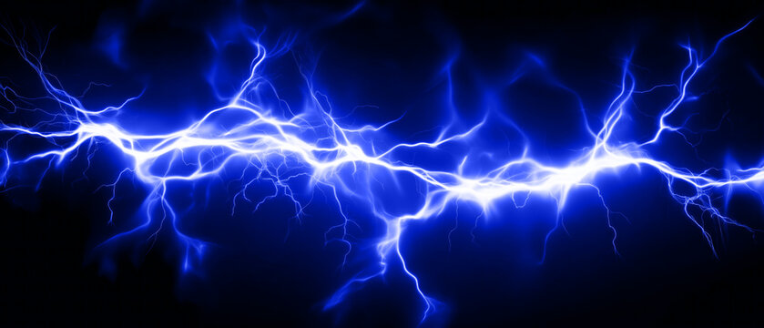Blue glowing powerful electric lightning, panoramic backdrop. Generative Ai