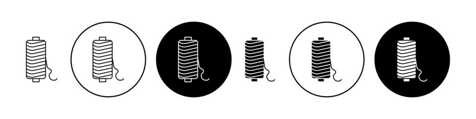Spool of thread icon set. Tailor cotton sewing cone and needle vector symbol. Nylon wire yarn reel vector sign in black filled and outlined style for ui designs.