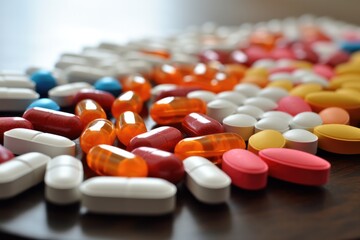A variety of pills on a wooden table in different shapes, sizes, and colors, close-up view.