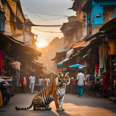 Fototapeta na wymiar Capturing the Urban Jungle: Majestic Tiger Takes a Pause Amidst Bustling Market Streets