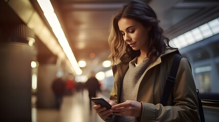Young woman checking her phone at an underground train station