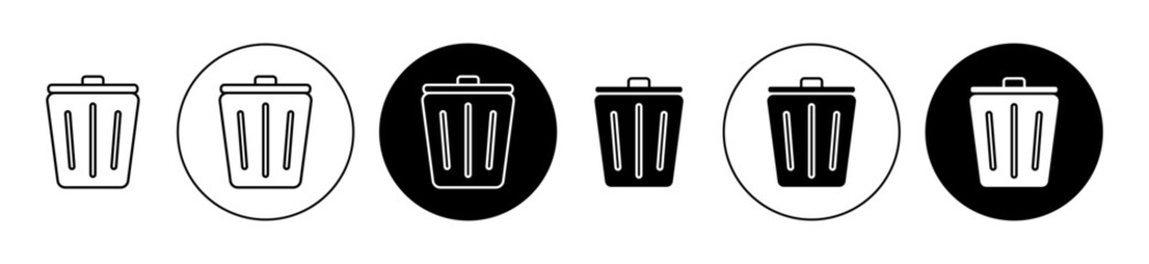 Waste bin icon set in black filled and outlined style. Garbage dispose container vector symbol. Delete dustbin button vector sign for ui designs.