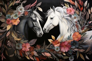 Obraz na płótnie Canvas Colorful leaves and feathers mural wallpaper. White horse in black, gray background. Generative AI