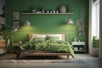 Attractive retro bedroom with stylish green decor. Generative AI