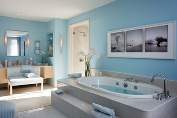 Fototapeta na wymiar Blue and serene bathroom with welcoming decor. Generative AI