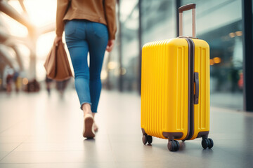 Woman with yellow suitcase in airport