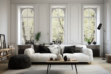 Modern living room interior design with white sofa, coffee table, coffee table and window. 3d render
