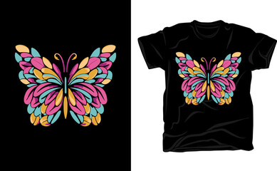 Stylish t-shirt and apparel trendy design with butterfly, print on demand, vector illustration. Global swatches.