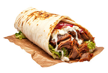 Delicious doner kebab wrap png with meat and lettuce, tomato, onions, isolated on transparent background, sauce, hd