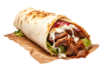 Delicious doner kebab wrap png with meat and lettuce, tomato, onions, isolated on transparent background, sauce, hd