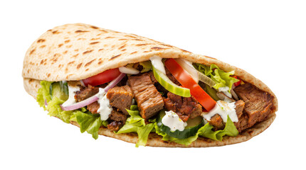 Delicious doner kebab in pita bread png with meat and lettuce, tomato, onions, isolated on transparent background, sauce, hd