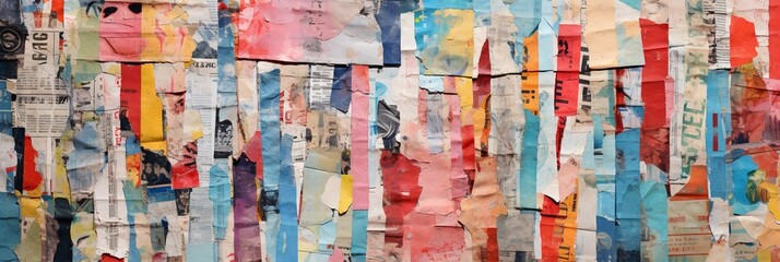 Multi-colored collage of torn papers from newspapers and magazines of different generations, concept of Mixed media art