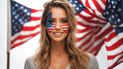 Portrait of beautiful young brunette woman with painted American flag over her face, American flag background, patriot banner, template 