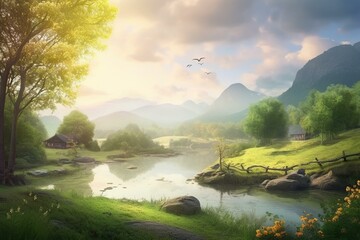 A beautiful and tranquil scene of a serene and enchanting landscape. Generative AI - obrazy, fototapety, plakaty